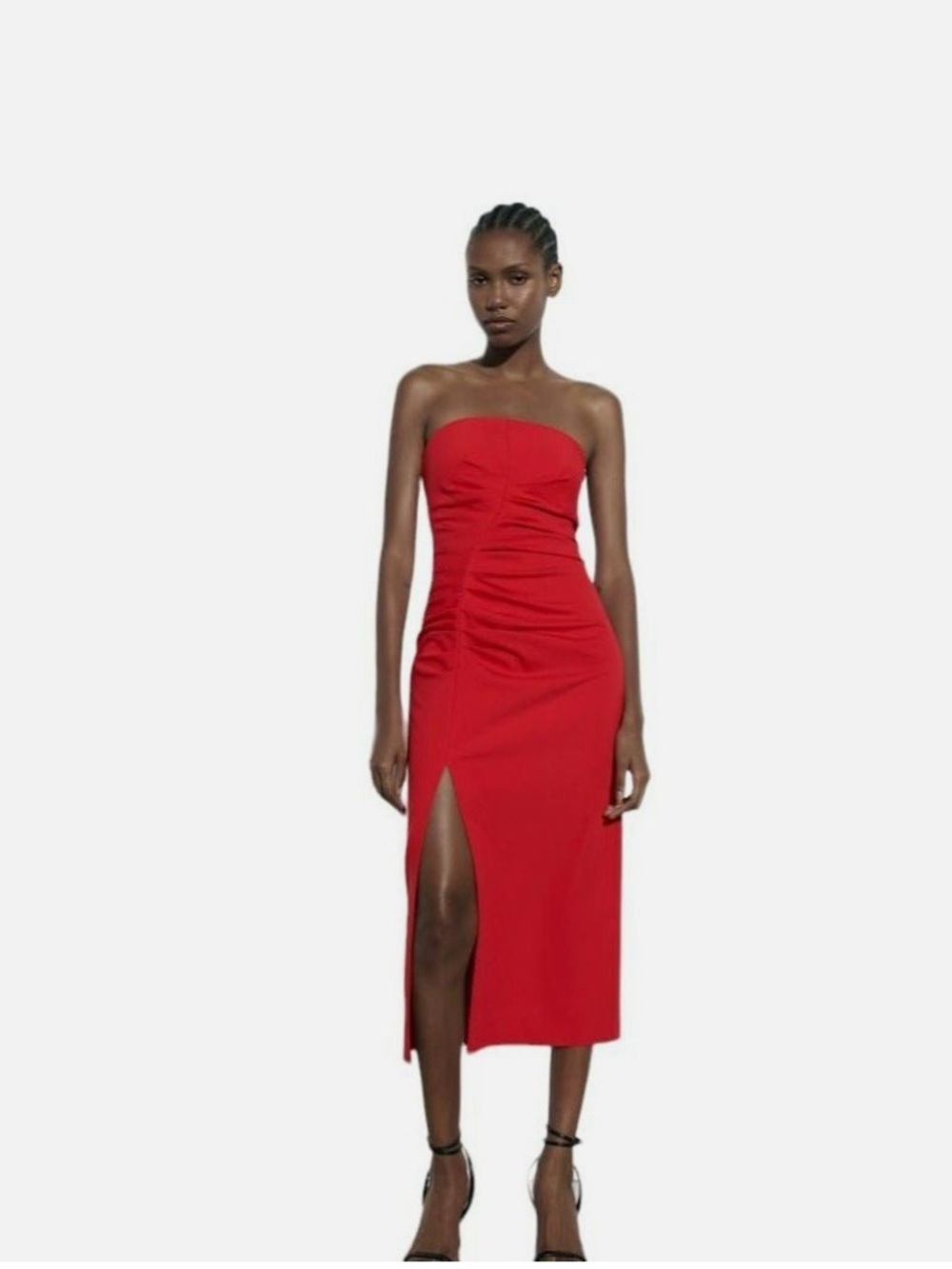 Zara Strapless Red Midi Dress with Front Slit